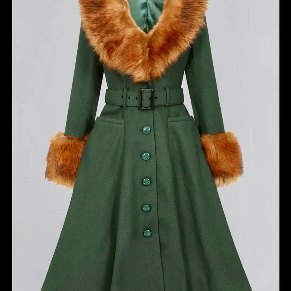 Collectif Jackie Coat with Brown Faux Fur - Green - Picture 3 of 9